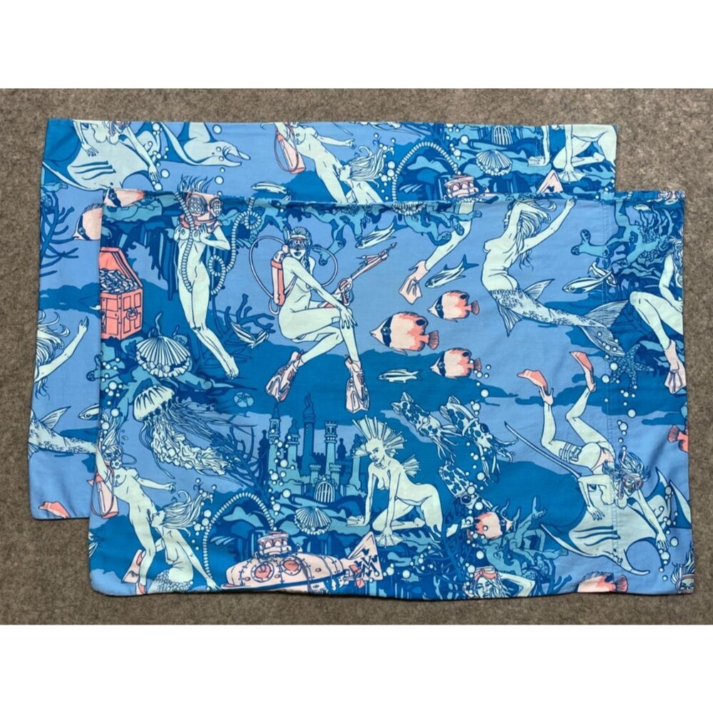 2 Vice Merchants Nude Mermaid Pillowcases Blue Pearl Diver Ocean Sexy Adult Rare